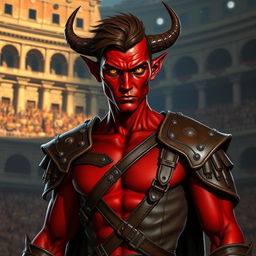 A slender male tiefling gladiator with striking red skin and short brown hair, featuring piercing yellow eyes that exude confidence and determination