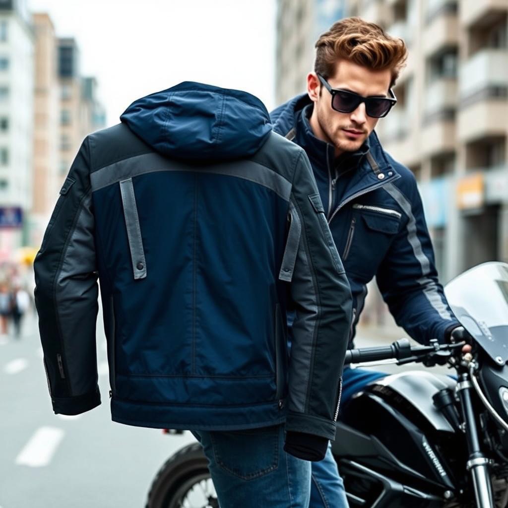 A trendy and fashionable men's motorcycle jacket crafted from lightweight parachute material, featuring a modern design in a striking dark blue color combined with stylish gray elements