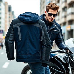 A trendy and fashionable men's motorcycle jacket crafted from lightweight parachute material, featuring a modern design in a striking dark blue color combined with stylish gray elements