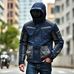 A trendy and fashionable men's motorcycle jacket crafted from lightweight parachute material, featuring a modern design in a striking dark blue color combined with stylish gray elements