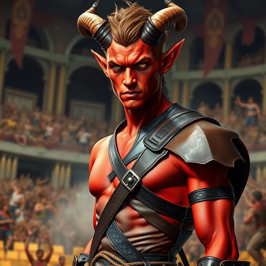 A slender male tiefling gladiator with fiery red skin and short brown hair, featuring captivating yellow eyes that reflect his fierce demeanor