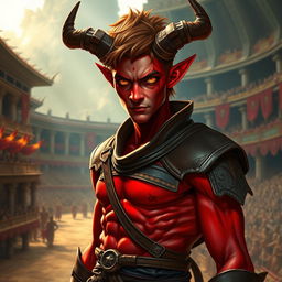 A slender male tiefling gladiator with fiery red skin and short brown hair, featuring captivating yellow eyes that reflect his fierce demeanor