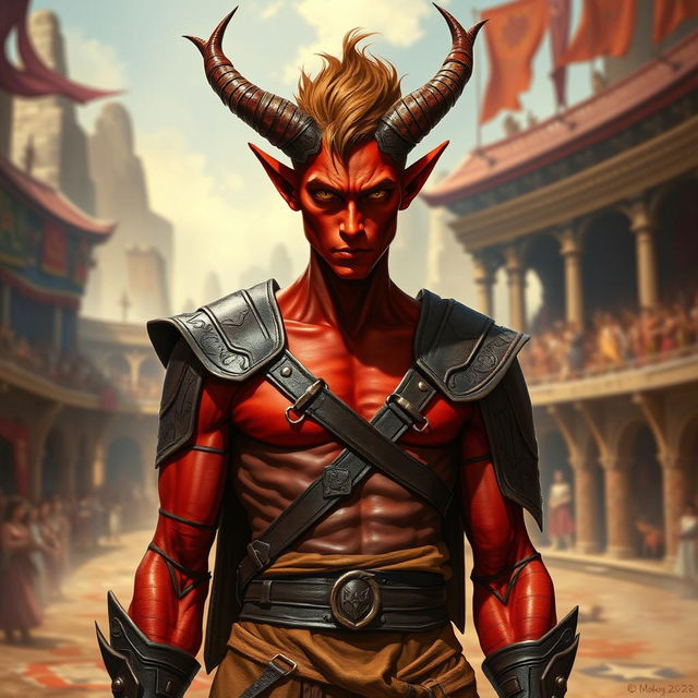 A slender male tiefling gladiator with fiery red skin and short brown hair, featuring captivating yellow eyes that reflect his fierce demeanor