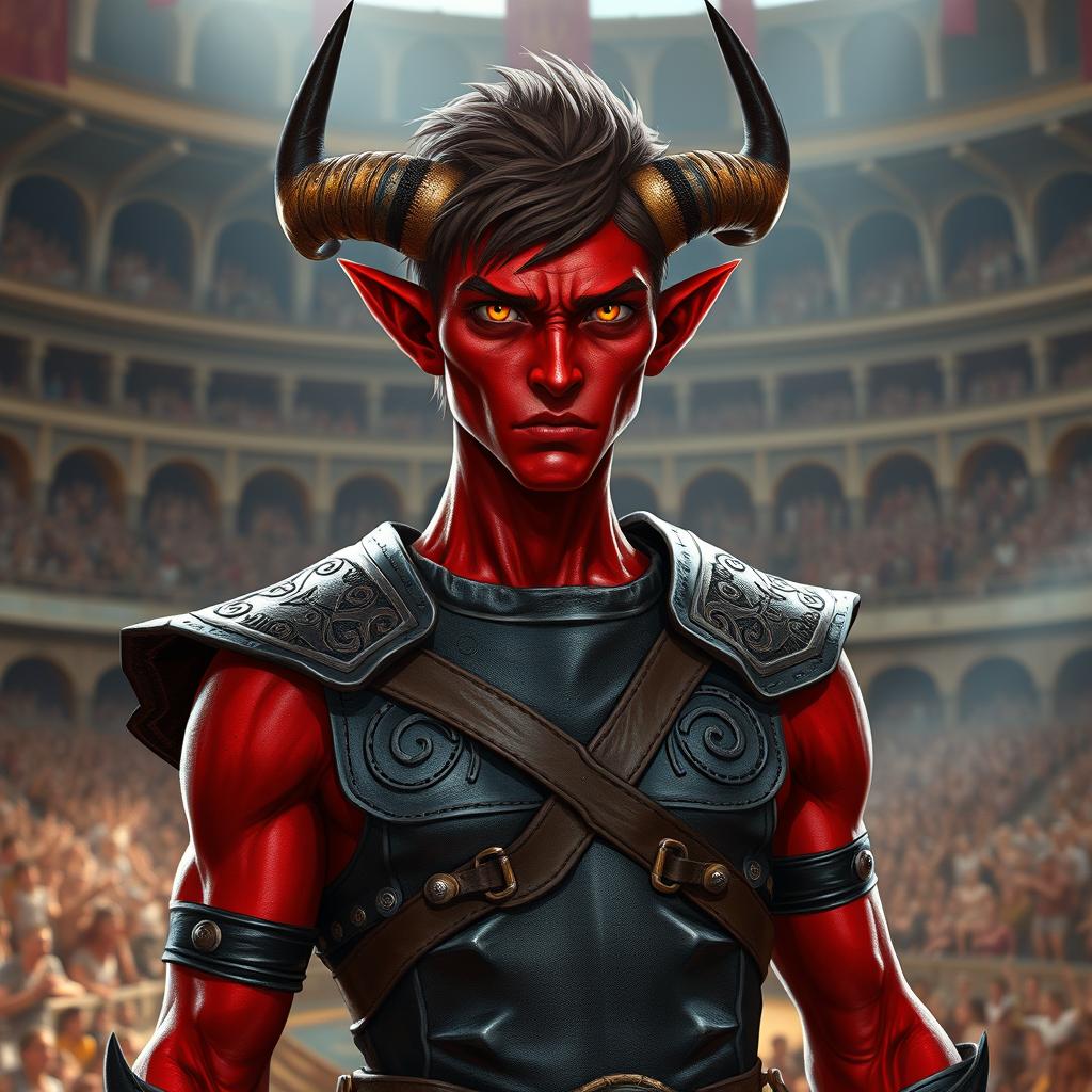 A slender male tiefling gladiator with striking red skin and short brown hair, featuring captivating yellow eyes that reflect his fierce and determined character