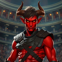 A slender male tiefling gladiator with striking red skin and short brown hair, featuring captivating yellow eyes that reflect his fierce and determined character