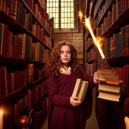 Hermione Granger radiating determination, with curly brown hair, holding a wand in one hand and a stack of magical books in another, dressed in her Hogwarts uniform, with Gryffindor emblem; amidst the towering bookshelves of Hogwarts library.