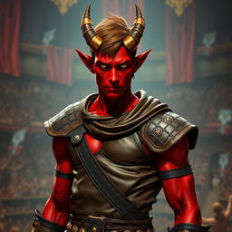 A slender male tiefling gladiator with bright red skin and short brown hair, featuring intense yellow eyes that showcase his fierce spirit