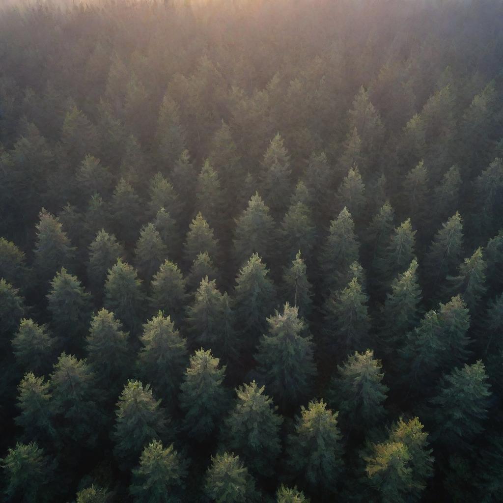 Aerial perspective of a radiant, sunlit foggy dark forest, filled with pine trees, during an autumn sunrise. An enchanting view of a wild woodland enveloped in mist at dawn.