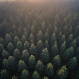 Aerial perspective of a radiant, sunlit foggy dark forest, filled with pine trees, during an autumn sunrise. An enchanting view of a wild woodland enveloped in mist at dawn.