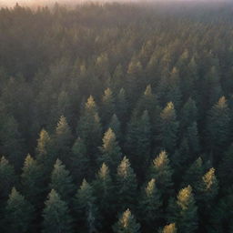 Aerial perspective of a radiant, sunlit foggy dark forest, filled with pine trees, during an autumn sunrise. An enchanting view of a wild woodland enveloped in mist at dawn.