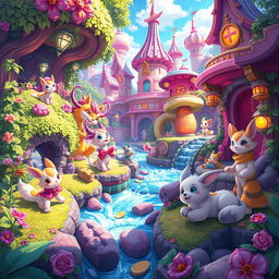 A vibrant and dynamic scene depicting an imaginative fantasy world with anthropomorphic characters, filled with bright colors and whimsical elements