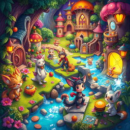 A vibrant and dynamic scene depicting an imaginative fantasy world with anthropomorphic characters, filled with bright colors and whimsical elements