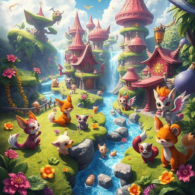 A vibrant and dynamic scene depicting an imaginative fantasy world with anthropomorphic characters, filled with bright colors and whimsical elements