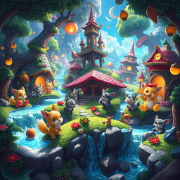 A vibrant and dynamic scene depicting an imaginative fantasy world with anthropomorphic characters, filled with bright colors and whimsical elements