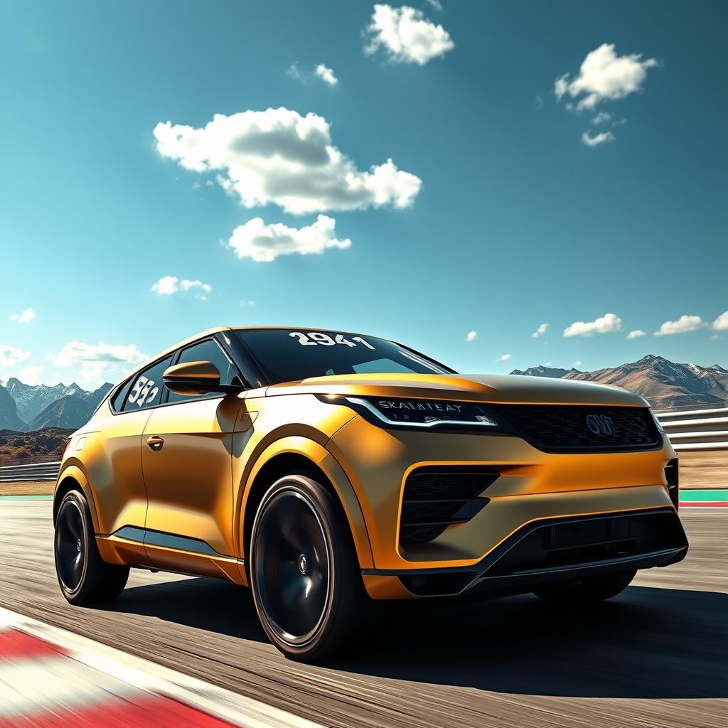 A stylish coupe-SUV with a glossy matte gold finish, cruising at high speed on a race track