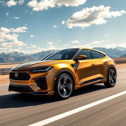 A stylish coupe-SUV with a glossy matte gold finish, cruising at high speed on a race track