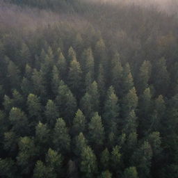 Aerial perspective of a radiant, sunlit foggy dark forest, filled with pine trees, during an autumn sunrise. An enchanting view of a wild woodland enveloped in mist at dawn.