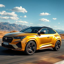 A stylish coupe-SUV with a glossy matte gold finish, cruising at high speed on a race track