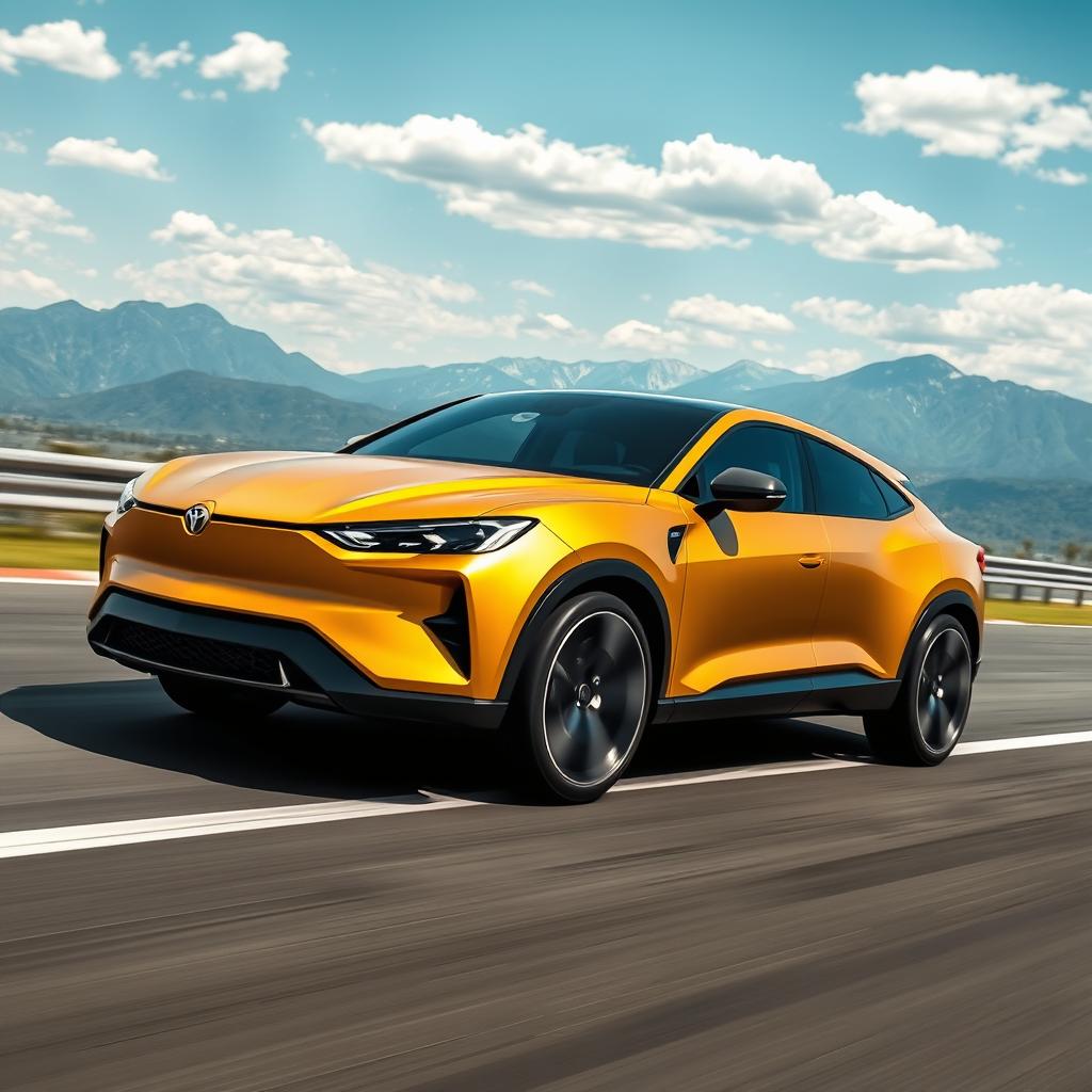 A stylish coupe-SUV with a glossy matte gold finish, cruising at high speed on a race track