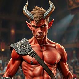 A slender male tiefling gladiator with vivid red skin and short brown hair, featuring fierce yellow eyes that capture his warrior spirit