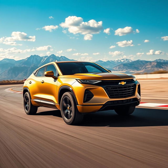 A powerful coupe-SUV prominently featuring a Chevrolet badge, finished in a striking matte gold color