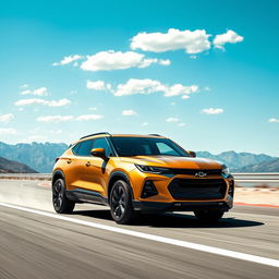 A powerful coupe-SUV prominently featuring a Chevrolet badge, finished in a striking matte gold color