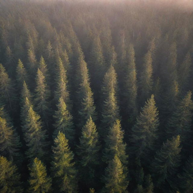 Aerial perspective of a radiant, sunlit foggy dark forest, filled with pine trees, during an autumn sunrise. An enchanting view of a wild woodland enveloped in mist at dawn.