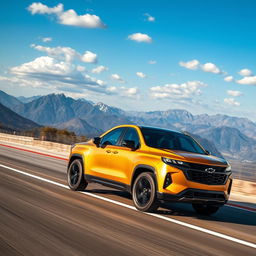 A powerful coupe-SUV prominently featuring a Chevrolet badge, finished in a striking matte gold color