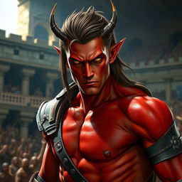 A male tiefling gladiator with striking red skin and brown hair, exhibiting a slender physique