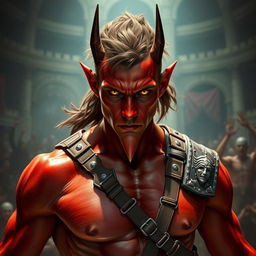 A male tiefling gladiator with striking red skin and brown hair, exhibiting a slender physique