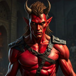 A male tiefling gladiator with striking red skin and brown hair, exhibiting a slender physique