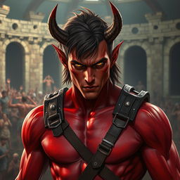 A male tiefling gladiator with striking red skin and brown hair, exhibiting a slender physique