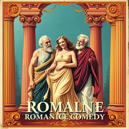A vintage theater poster in a Greco-Latin style, featuring two elderly men passionately enamored with a beautiful young woman