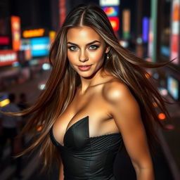 A captivating and alluring portrait of a sexy girl with flowing long hair, wearing a stylish and revealing outfit that accentuates her curves