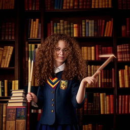 Hermione Granger radiating determination, with curly brown hair, holding a wand in one hand and a stack of magical books in another, dressed in her Hogwarts uniform, with Gryffindor emblem; amidst the towering bookshelves of Hogwarts library.