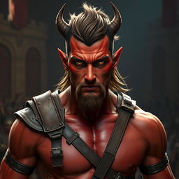 A male tiefling gladiator with striking red skin and brown hair, showcasing a slender physique