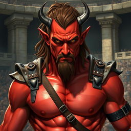 A male tiefling gladiator with striking red skin and brown hair, showcasing a slender physique