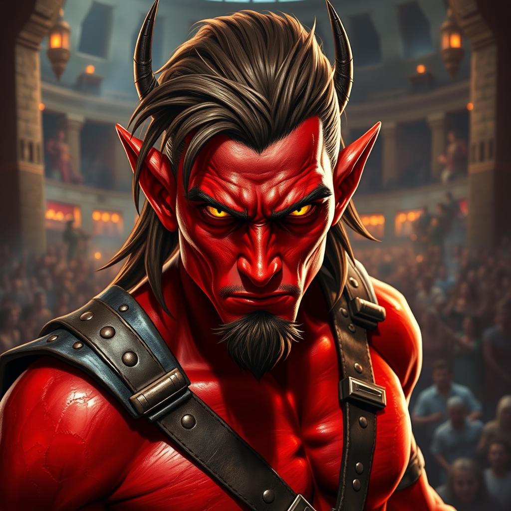 A male tiefling gladiator with vibrant red skin and brown hair, showcasing a slender yet muscular physique