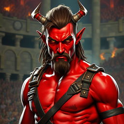 A male tiefling gladiator with vibrant red skin and brown hair, showcasing a slender yet muscular physique