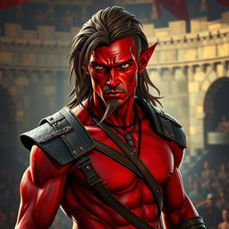 A male tiefling gladiator with vibrant red skin and brown hair, showcasing a slender muscular physique