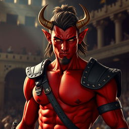 A male tiefling gladiator with vibrant red skin and brown hair, showcasing a slender muscular physique