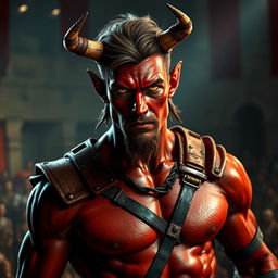 A male tiefling gladiator with vibrant red skin and brown hair, showcasing a slender muscular physique