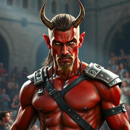 A male tiefling gladiator with vibrant red skin and brown hair, showcasing a slender muscular physique