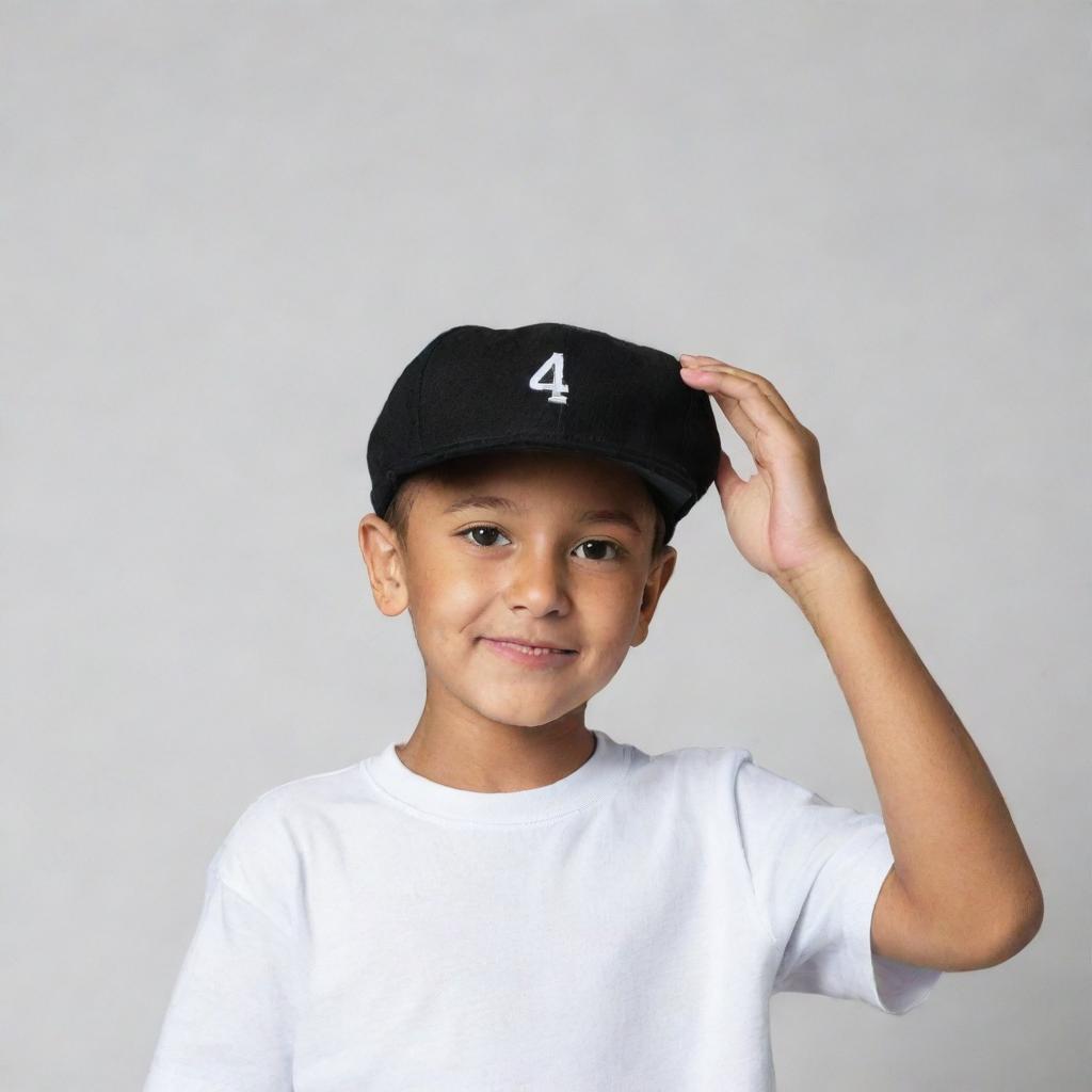 A young boy wearing a black cap with the number '4157' printed on it in white, striking a playful pose.