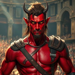 A male tiefling gladiator with vibrant red skin and brown hair, displaying a slender muscular build