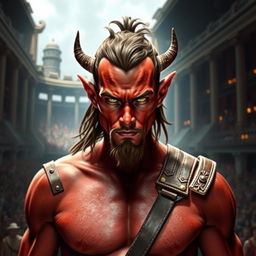 A male tiefling gladiator with vibrant red skin and brown hair, displaying a slender muscular build