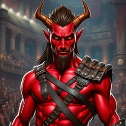 A male tiefling gladiator with vibrant red skin and brown hair, displaying a slender muscular build