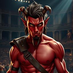 A male tiefling gladiator with vibrant red skin and brown hair, displaying a slender muscular build