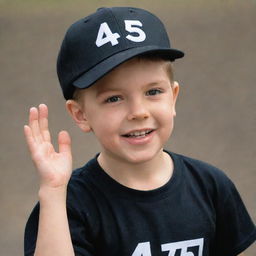 A young boy wearing a black cap with the number '4157' printed on it in white, striking a playful pose.