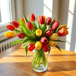 A beautiful arrangement of vibrant tulips in a glass vase, artistically placed on a wooden table